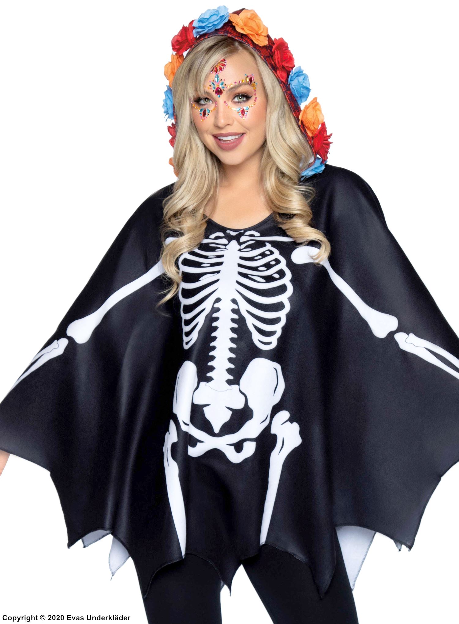 Dödsdagen, maskerad-poncho med blommor och huva, skelett